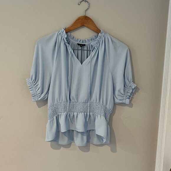 Ann Taylor Petite Light Blue Crossover Smocked Waist Blouse Top Size Small - Picture 5 of 9